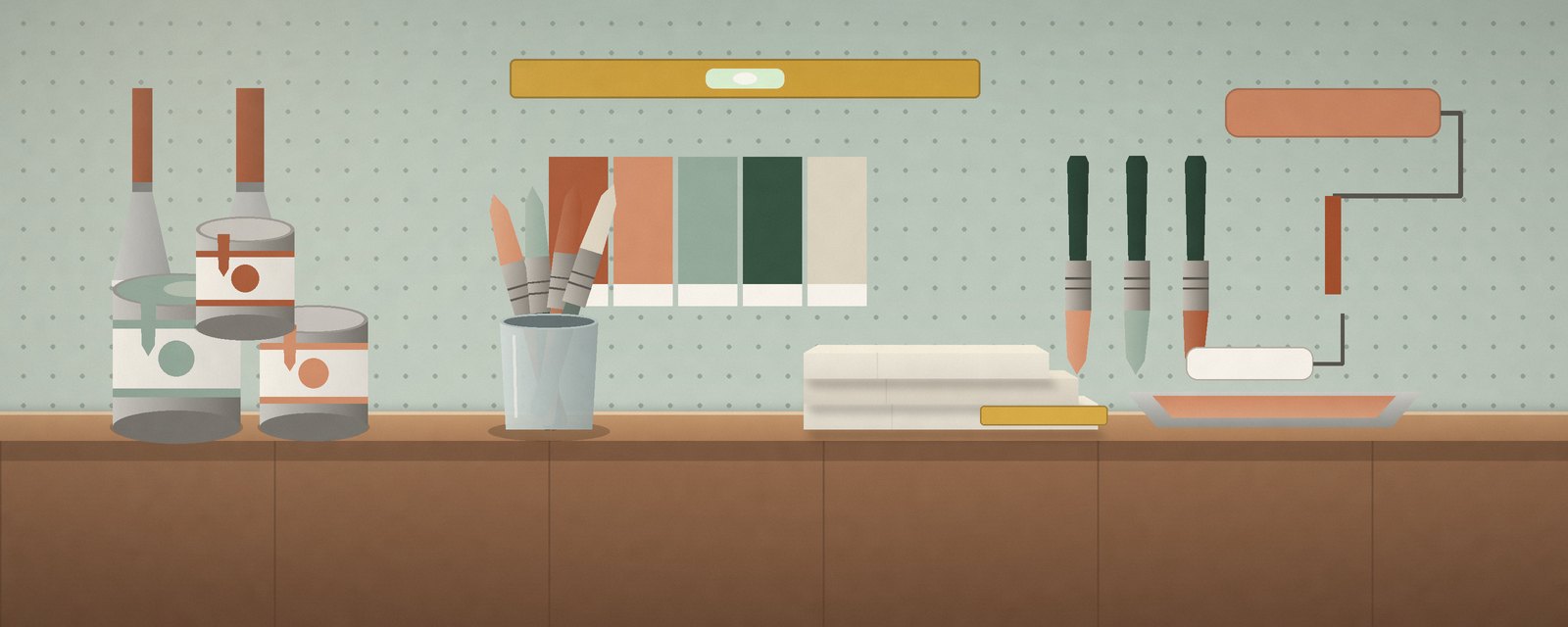 Illustration of a decorator's workbench with paint tins, brushes, dust sheets and tools