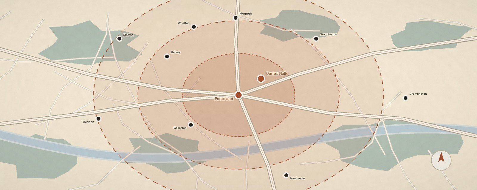 Stylised illustrated map of Ponteland, Darras Hall and surrounding Northumberland towns with service-area rings