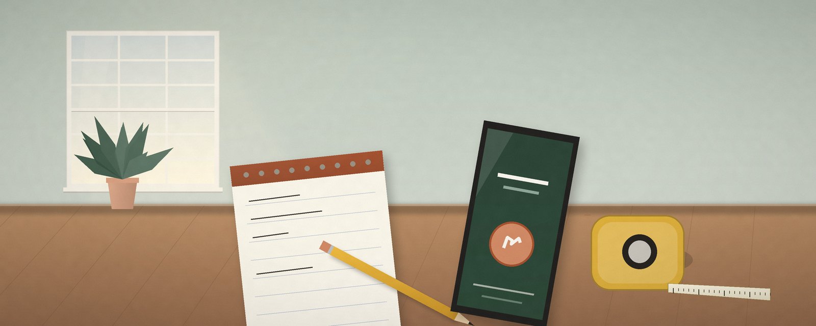 Illustration of a desk with a notepad, pencil, mobile phone and tape measure