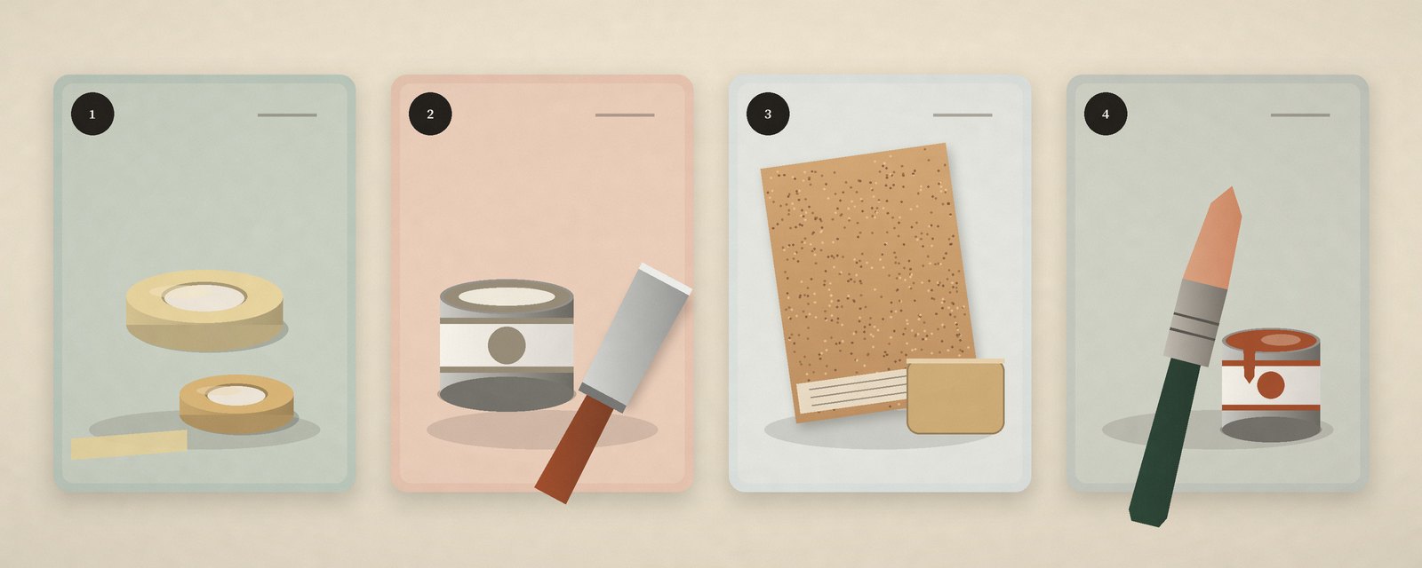 Illustration of four decorating steps: masking tape, filler and knife, sandpaper, and a paintbrush