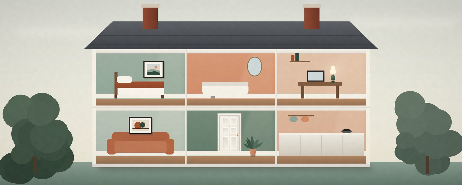 Illustration of a cutaway house showing several differently decorated rooms
